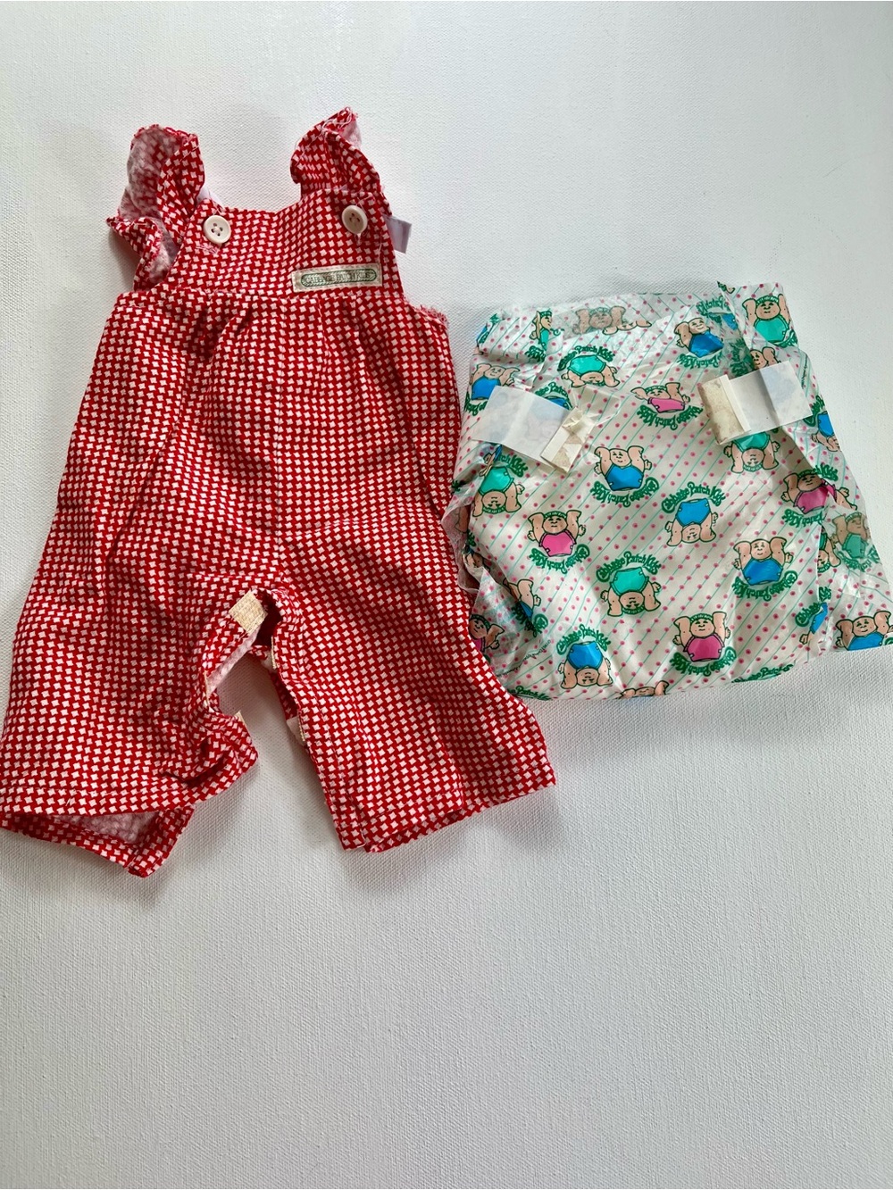 Vintage Cabbage Patch Kids Gingham Red White Overalls & CPK Baby Doll Diaper